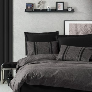 Lenjerie de pat dublu bumbac 100% ranforce Cottonbox Bitter, design modern minimalist în antracit cu detalii negre.