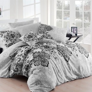 Lenjerie de pat dublu Nazenin Home Luxury Gri cu design elegant în tonuri de gri și negru.