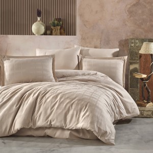 Lenjerie pat dublu jacquard, bumbac 100% satinat, Marsela V2 Bej