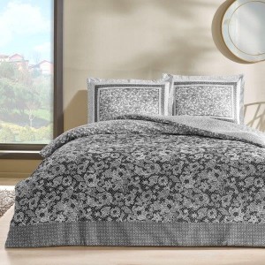 Lenjerie de pat florală gri-negru TAC Amelia, model floral pe fundal gri și negru, set de 5 piese din mako-satin