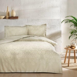 Lenjerie de pat din bumbac satinat Herta TAC, set 4 piese, design floral subtil, culoare bej kaki