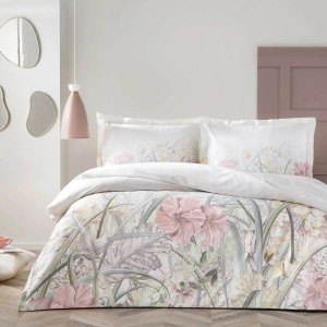 Lenjerie de pat dublu Jesica TAC Mako-Satin din bumbac 100% satinat, design floral roz și verde pe fundal alb