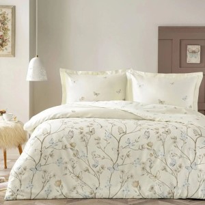 Lenjerie de pat dublu Leslie TAC Mako-Satin cu design floral în tonuri de albastru și crem