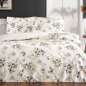Lenjerie de pat TAC cu model floral gri și galben pe fond alb, confecționată din mako-satin 100% bumbac,