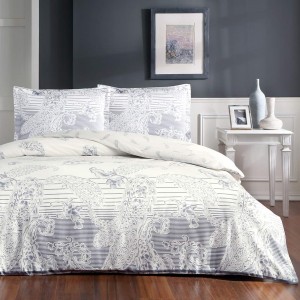 Lenjerie de pat paisley albastră TAC Paisley Indigo, model paisley albastru pe fundal alb, set de 5 piese din mako-satin