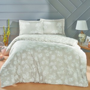 Lenjerie de pat gri din bumbac satinat Peggy cu flori albe, set de 4 piese, decor elegant și sofisticat