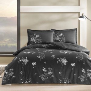 Lenjerie de pat cu flori gri-închis TAC Roxane, model elegant, set de 4 piese din mako-satin