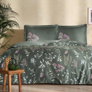 Lenjerie de pat din bumbac satinat Ruth TAC, set 4 piese, design floral, culori verde și roz.