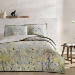 Lenjerie de pat TAC Giselle din bumbac 100% mako satin, model baroc gri-galben