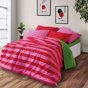 Lenjerie pat dublu bumbac ranforce Cozy Home Cherie, imprimeu cu dungi roz și roșii