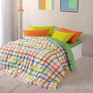 Lenjerie pat Cozy Home Hype, carouri multicolore pe fundal alb, din bumbac ranforce