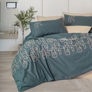 Lenjerie pat dublu cu broderie geometrica, cearceaf pilota 200x220cm, Cotton Box, Kerja bej/gri