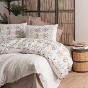 Lenjerie pat dublu cu ciucuri, bumbac 100% ranforce, Cotton Box, Asilo Brown