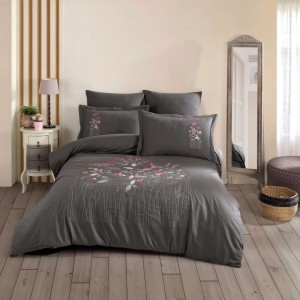 Lenjerie pat dublu din poplin fin cu broderie florala, ceaceaf pilota 200x220cm, Emilia Gri