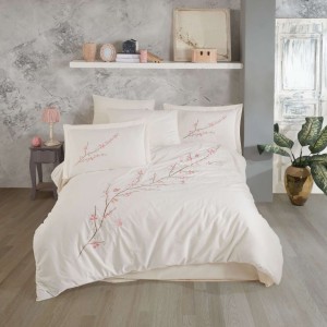 Lenjerie pat dublu din poplin fin cu broderie florala, ceaceaf pilota 200x220cm, Vera Crem