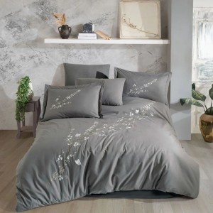 Lenjerie pat dublu din poplin fin cu broderie florala, ceaceaf pilota 200x220cm, Vera Gri