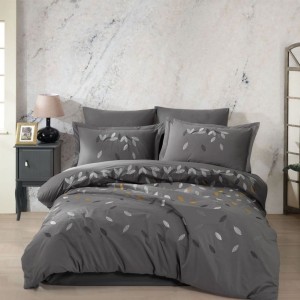 Lenjerie pat dublu din poplin fin cu broderie frunze, ceaceaf pilota 200x220cm, Lidia Gri