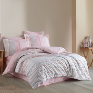 Lenjerie de pat dublu din poplin percale Hobby Home Trella cu dungi în nuanțe de roz, alb și gri deschis
