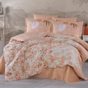 Lenjerie de pat dublu din poplin percale Hobby Home Lily Somon cu imprimeu floral somon și alb