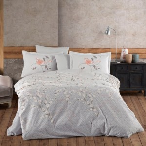 Lenjerie de pat dublu din poplin percale Hobby Home Missy Grey cu imprimeu floral gri și roz