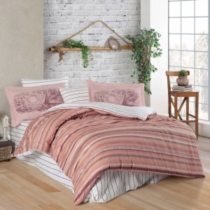 Lenjerie de pat dublu din poplin percale Hobby Home Sunset Stripe cu dungi roz și albe și motive de apus și ambarcațiuni