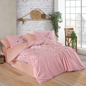 Lenjerie de pat dublu din poplin percale Hobby Home Missy Powder cu imprimeu floral roz și alb
