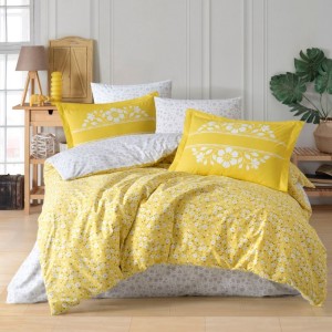 Lenjerie de pat dublu din poplin percale Hobby Home Sofia Yellow cu imprimeu floral galben și alb