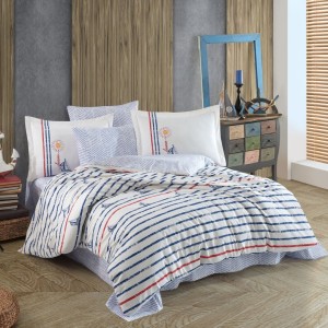 Lenjerie de pat dublu din poplin percale Hobby Home cu dungi și motive marine în alb, albastru și roșu