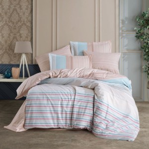 Lenjerie de pat dublu din poplin percale Hobby Home Trella Turcoaz cu dungi în nuanțe de roz, alb și bleu