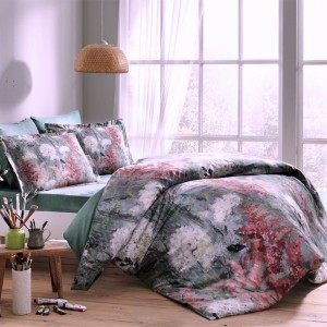 Lenjerie pat dublu satin 6 piese cu flori pictate, cearceaf pilota 200x220cm, Tac Delux Digital Agata