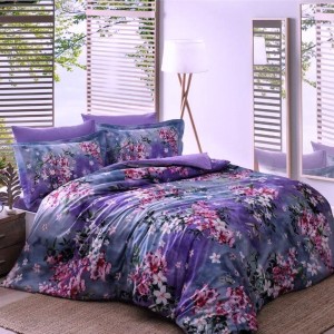 Lenjerie pat dublu satin 6 piese cu flori, cearceaf pilota 200x220cm, Tac Delux Digital Daphne
