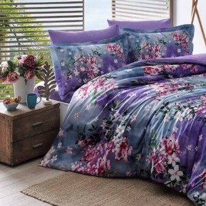 Lenjerie pat dublu satin Tac Delux Digital Daphne cu flori violet