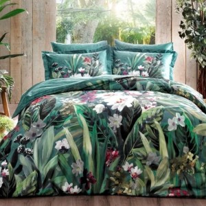 Lenjerie pat dublu satin 6 piese cu imprimeu tropical, cearceaf pilota 200x220cm, Tac Delux Digital Valencia