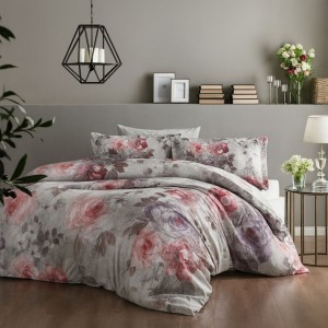 Lenjerie pat dublu satin 6 piese gri cu flori mov si roz, Tac Delux Digital Elisha