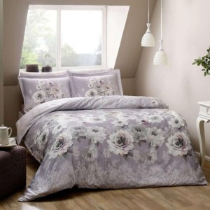 Lenjerie de pat dublu satin de lux cu imprimeu digital floral albastru și mov, set elegant TAC