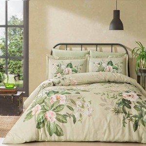 Lenjerie de pat Lumina Yesil, bumbac satinat, imprimeu flori roz și frunze verzi pe fundal verde deschis, set 6 piese