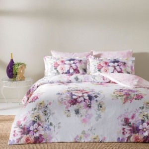 Lenjerie de pat satin de lux 6 piese TAC Delux Digital Pliva, cu flori, imprimeu digital, bumbac satinat