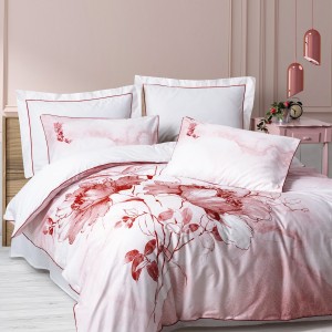 Lenjerie de pat CottonBox Gules Red, design floral digital alb și roșu, bumbac 100% satinat mercerizat