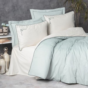 Lenjerie de pat alb și verde mentă cu broderii fine, model Vanko Mint, bumbac 100% satinat, set cu 6 piese