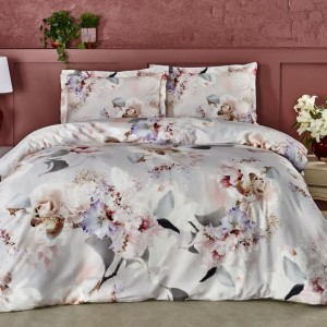 Lenjerie de pat Lyric cu imprimeu digital cu flori pastelate, din bumbac satinat 100%, set de 6 piese
