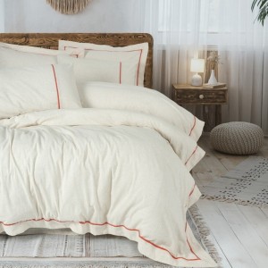Lenjerie de pat din in si bumbac Banded Orange - Cotton Box, 6 piese, culoare bej cu bordura portocalie