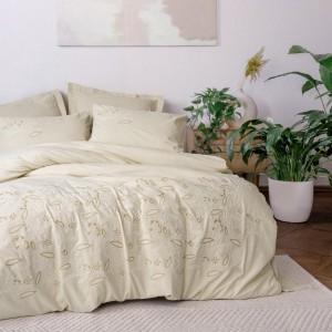 Lenjerie pat in si bumbac cu broderie frunze, Cotton Box, Lapelis Bej – 6 piese, crem cu detalii vegetale bej si alb