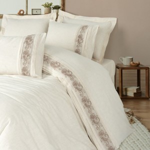 Lenjerie pat in si bumbac cu broderii Floro Crem - Cotton Box, 6 piese, crem cu model floral bej
