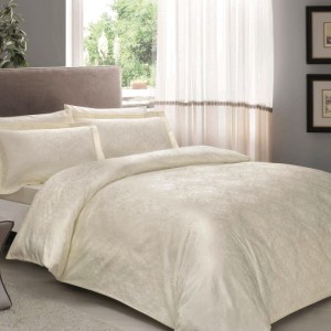Lenjerie de pat Jacquard Daria crem bumbac satinat, motive complexe jacquard, 6 piese ​