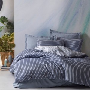 Lenjerie de pat dublu premium din bambus și bumbac satinat cu design elegant în nuanțe de albastru și dungi albe
