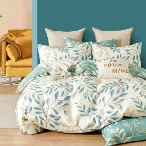 Lenjerie de pat percale cu frunze, din bumbac 100%, set 3 piese, pat de o persoană, fabricată în România
