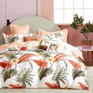 Lenjerie pat percale bumbac 100%, 1 persoana, Pucioasa, Frunze colorate