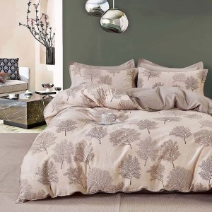 Lenjerie de pat percale crem cu model de copaci maro, set de 3 piese, pat de 1 persoană, bumbac 100%, fabricată în România