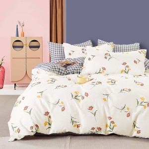Lenjerie de pat percale alb cu model floral galben și maro, set de 3 piese, pat de 1 persoană, bumbac 100%, fabricată în România