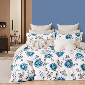 lenjerie de pat floral albastru, alb, bumbac 100